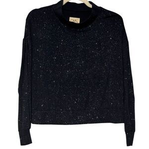 Chaser Navy Glitter Sparkle Mock Neck Cropped Pullover Long Open Sleeve Top